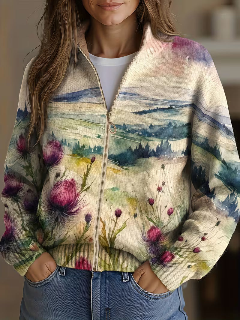 Birgit™ | Cardigan con paesaggio ad acquerello