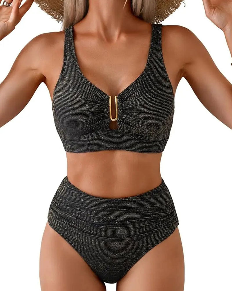 Bikini a Vita Alta a Righe con Bottone