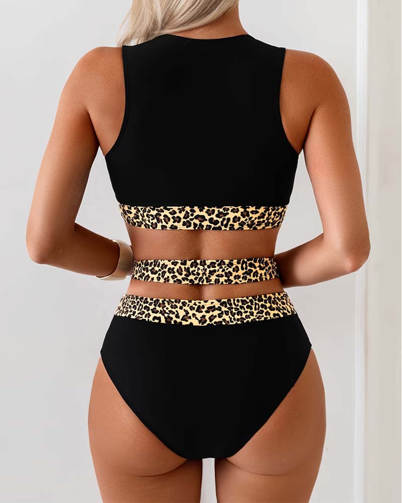 Bikini Leopardo Patchwork Incrociato a Vita Alta