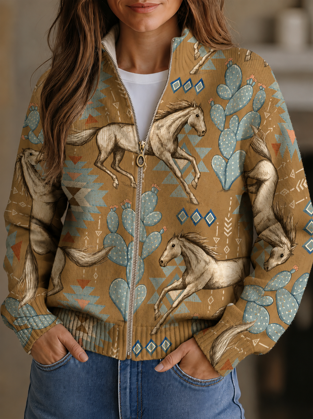 Beate™ | Cardigan con cavalli e cactus