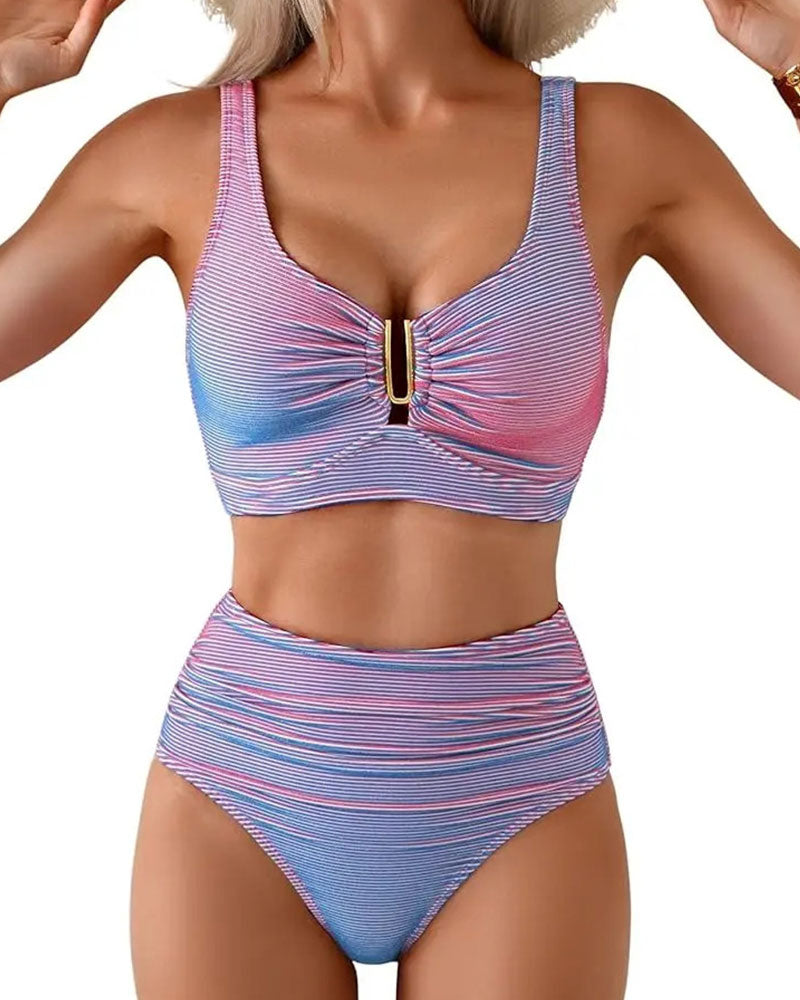 Bikini a Vita Alta a Righe con Bottone