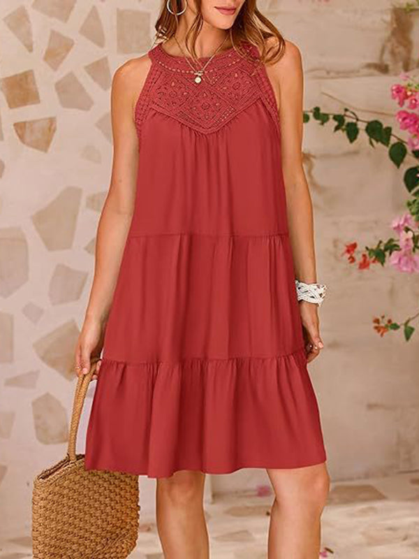 Abito a trapezio plissettato in tinta unita con cucitura divisa e scollatura rotonda minidress