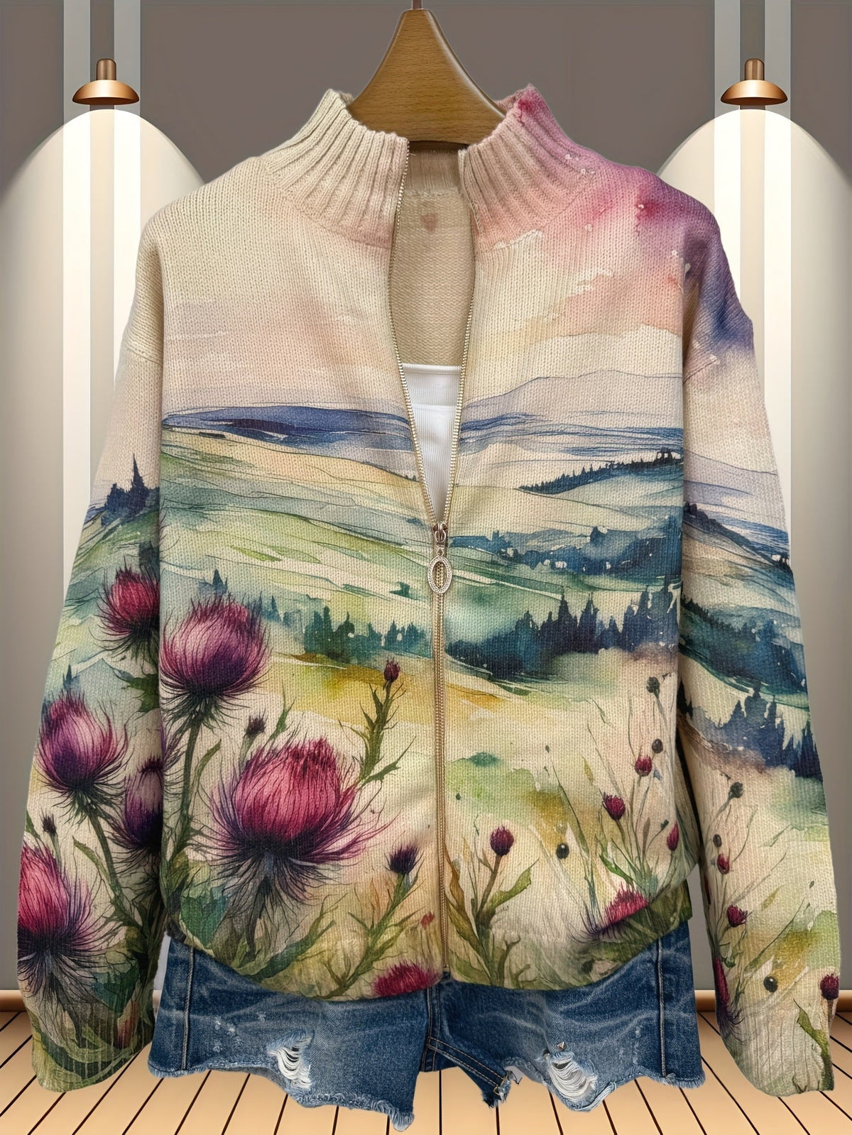 Birgit™ | Cardigan con paesaggio ad acquerello