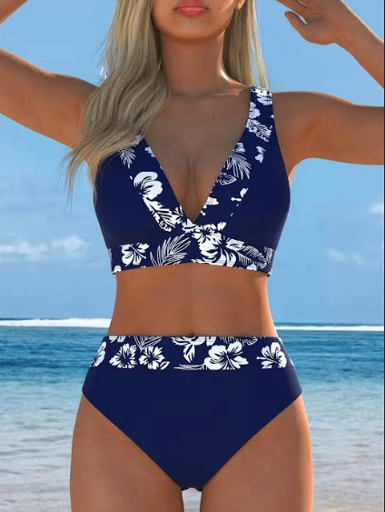 Bikini Profondo V Blu Bianco Stampato Triangolo