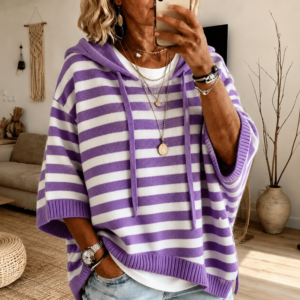 Anaïs | Maglione Poncho a Righe con Cappuccio
