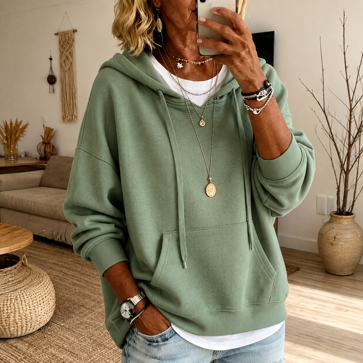 Amandine | Felpa Oversized con Cappuccio in Verde Salvia