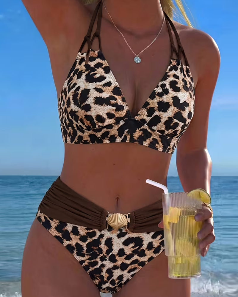 Bikini a Collo a V con Motivo Leopardo