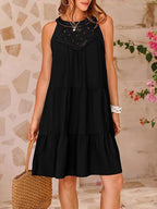Abito a trapezio plissettato in tinta unita con cucitura divisa e scollatura rotonda minidress