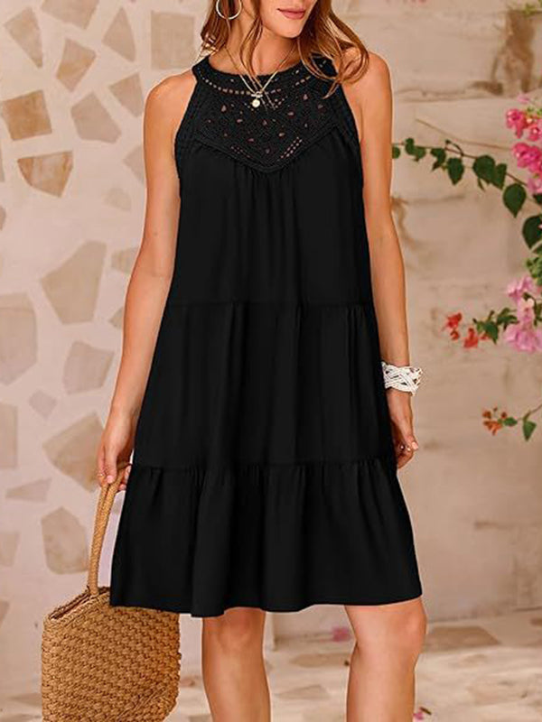 Abito a trapezio plissettato in tinta unita con cucitura divisa e scollatura rotonda minidress